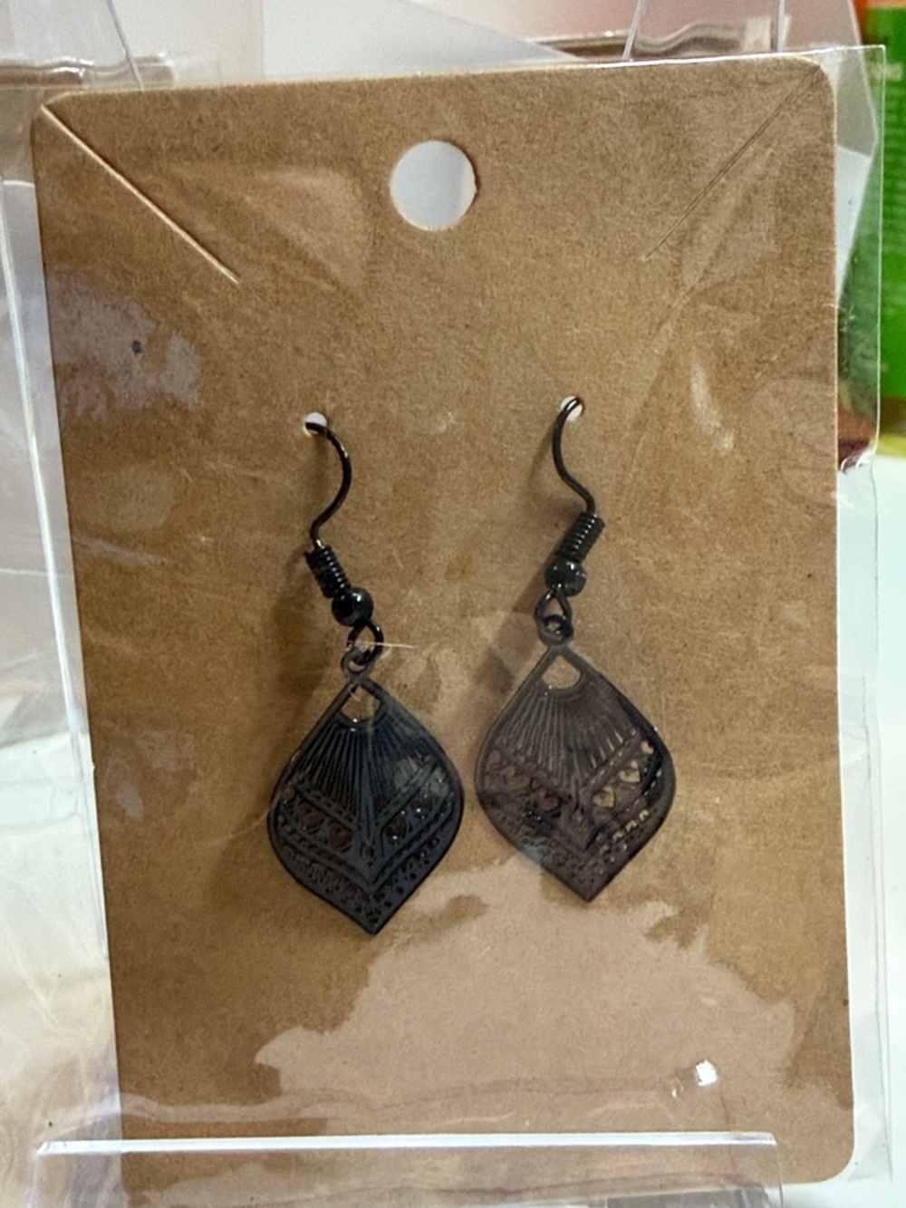 Black Filigree Leaf Drop Earrings for Women